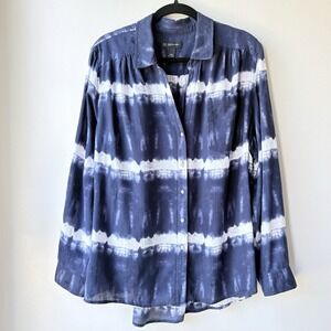 INC Cotton Button Up Blouse 24W Navy White Tie Dye High Low Hem Beachy